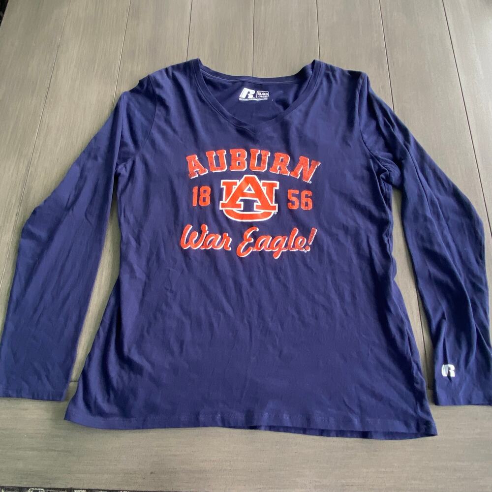 Russell Auburn V‑Neck Long Sleeve • Women’s XL • Navy Blue • Orange Front Logo